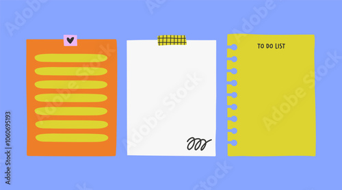 Vector cute illustration of a set of notes,  stickers, paper blanks with place for text. Hand drawn collection for reminders, to do list, planner, schedule.