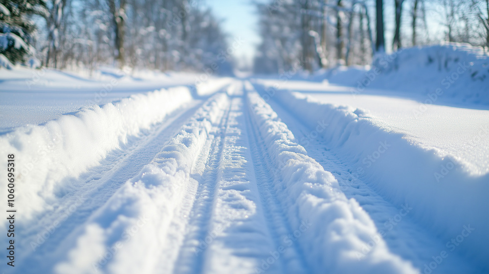 Tire tracks leading into a snowbank on a quiet winter road surrounded by trees under clear blue sky Tire tracks leading into a snowbank on a quiet winter road surrounded by trees under clear blue sky