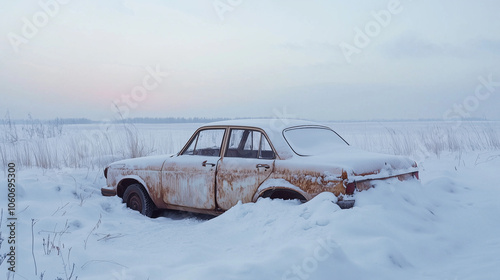 A vintage car trapped in a snowbank amidst a serene winter landscape during the early morning hours photo