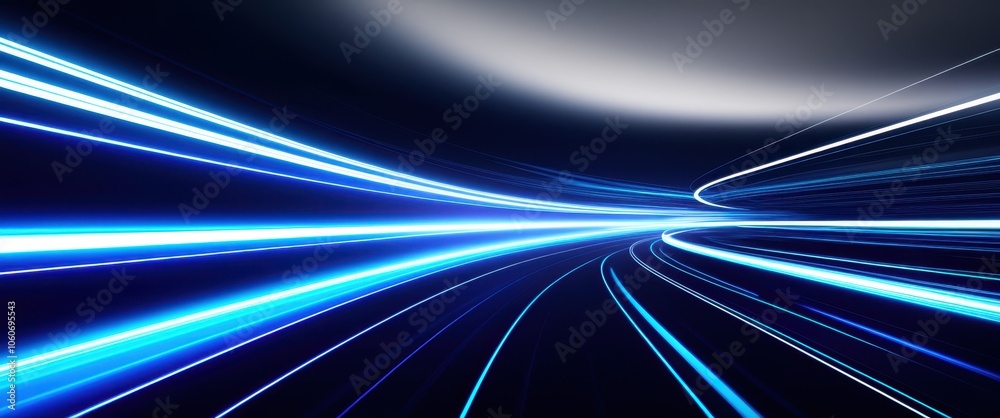 High-speed light trails, futuristic highway, neon blue streaks, motion blur, dynamic perspective, digital landscape, cyber tunnel, long exposure, abstract technology concept, glowing lines, speed of l High-speed light trails, futuristic highway, neon blue streaks, motion blur, dynamic perspective, digital landscape, cyber tunnel, long exposure, abstract technology concept, glowing lines, speed of l