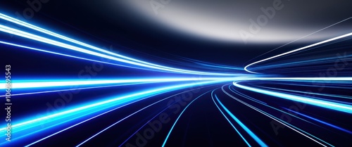High-speed light trails, futuristic highway, neon blue streaks, motion blur, dynamic perspective, digital landscape, cyber tunnel, long exposure, abstract technology concept, glowing lines, speed of l