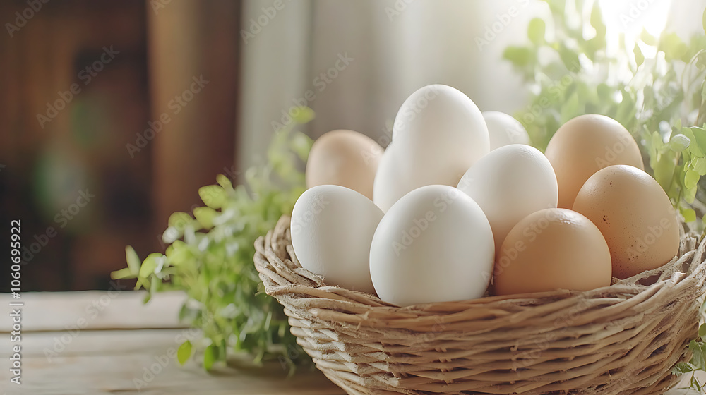 Fresh farm eggs in rustic basket surrounded by greenery Fresh farm eggs in rustic basket surrounded by greenery