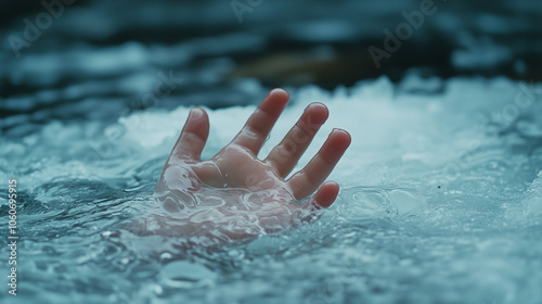 Child's desperate hand reaching for help after falling through ice on a cold winter day