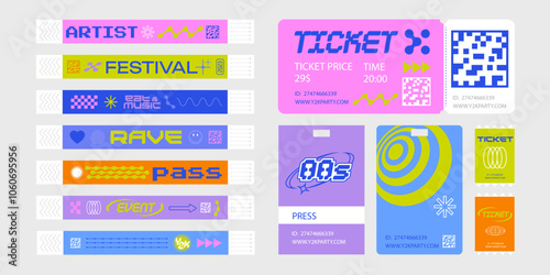 Event ticket for party. Bracelet control design for dances, music festivals. Sticky wristbands pass in Y2K style.