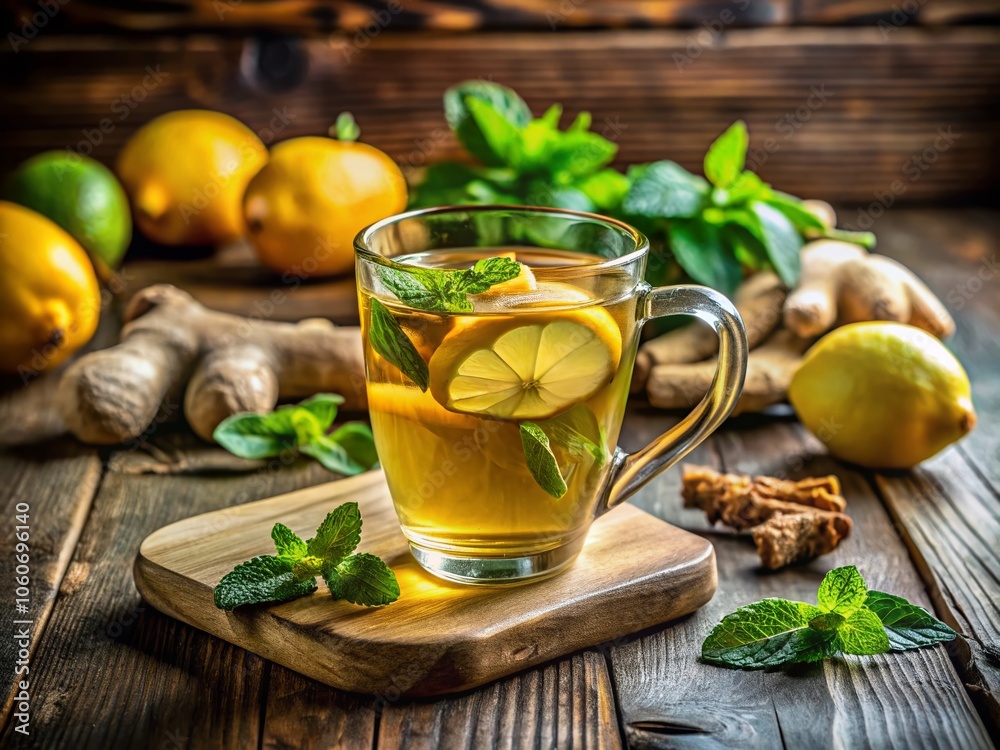 Revitalize with refreshing ginger lemon tea, infused with mint. This healthy, natural drink combines fresh ingredients for a delightful wellness boost on any day. Revitalize with refreshing ginger lemon tea, infused with mint. This healthy, natural drink combines fresh ingredients for a delightful wellness boost on any day.