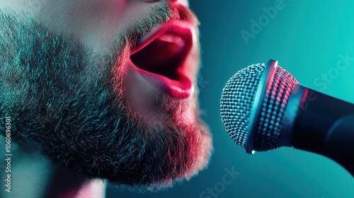 A lead singer passionately belting out a vocal track in a recording booth, capturing raw emotion and vocal power with a vintage microphone. photo