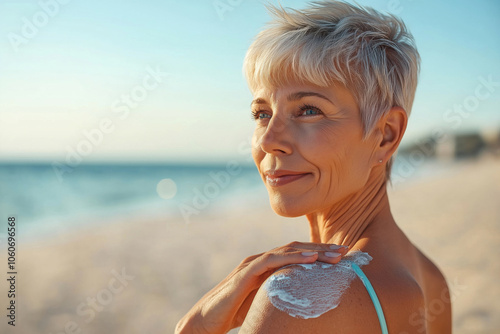 A slender older woman with short hair applies sunscreen to her tanned shoulders on a beach near the sea