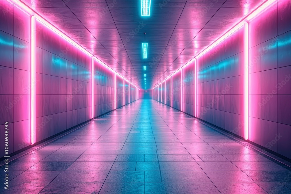 Neon-Lit Corridor with Pink and Blue Lights Neon-Lit Corridor with Pink and Blue Lights