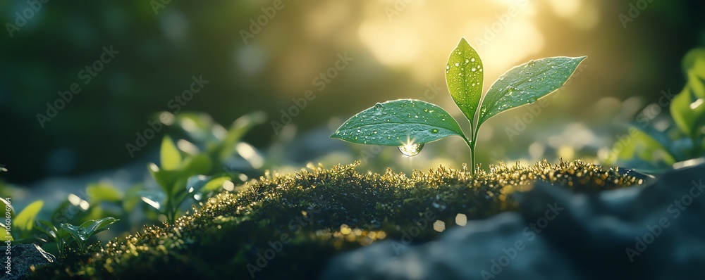 Illustration of a young green plant basking in sunlight, with a solitary dewdrop reflecting light on its leaf, capturing the theme of growth and the elegance of nature Illustration of a young green plant basking in sunlight, with a solitary dewdrop reflecting light on its leaf, capturing the theme of growth and the elegance of nature