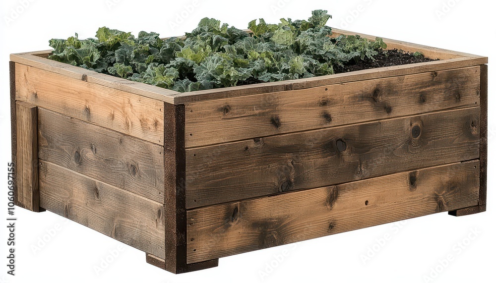Organic wooden raised bed vegetable garden with local produce in a city