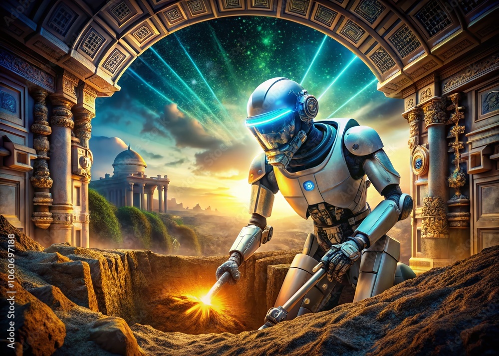 Fototapeta premium Robot Unearths Ancient Circuitry with Binary Numbers - Futuristic Archaeology and Technological Discovery in Architectural Photography
