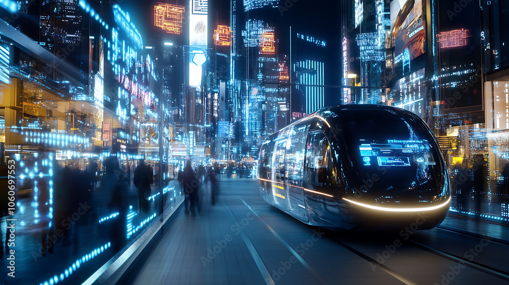 Autonomous shuttle moving through futuristic city at night, illuminated by neon lights Autonomous shuttle moving through futuristic city at night, illuminated by neon lights