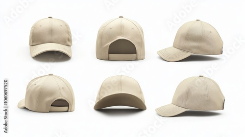 collection of beige Baseball Cap in Angles View Front and Back Mockup