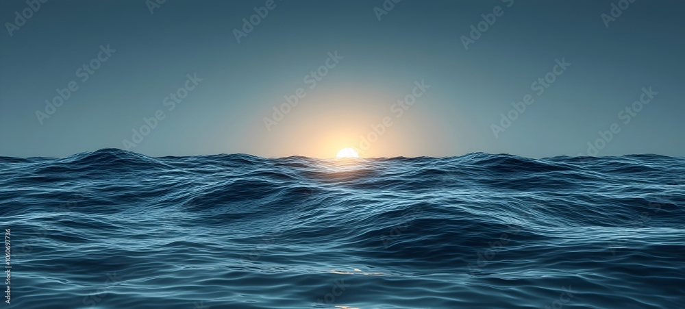 Fototapeta premium A breathtaking view of the ocean at sunset, showcasing vibrant hues of blue and orange as the sun dips below the horizon, creating a serene and tranquil atmosphere.