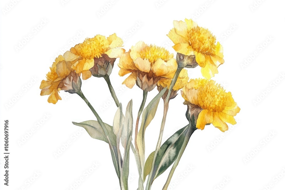 Fototapeta premium Everlasting Beauty. Watercolor Illustration of Yellow Helichrysum Flowers on White Background