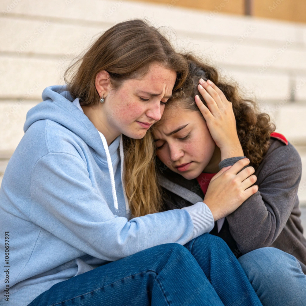 Young woman comforting a friend in distress Young woman comforting a friend in distress