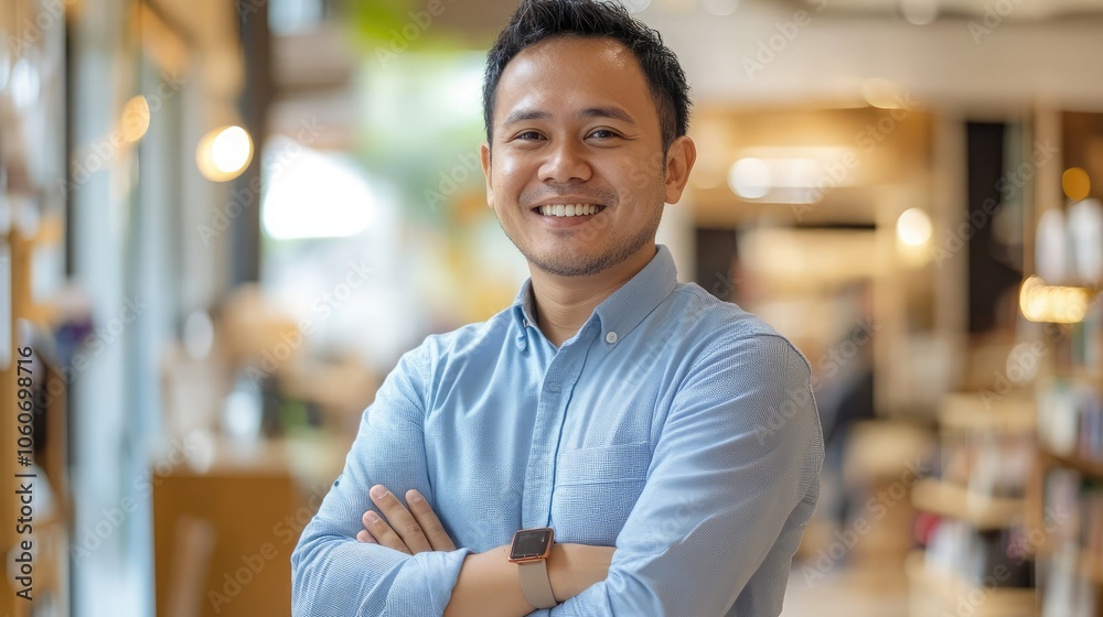 Fototapeta premium A young man in a blue shirt smiles confidently with his arms crossed.