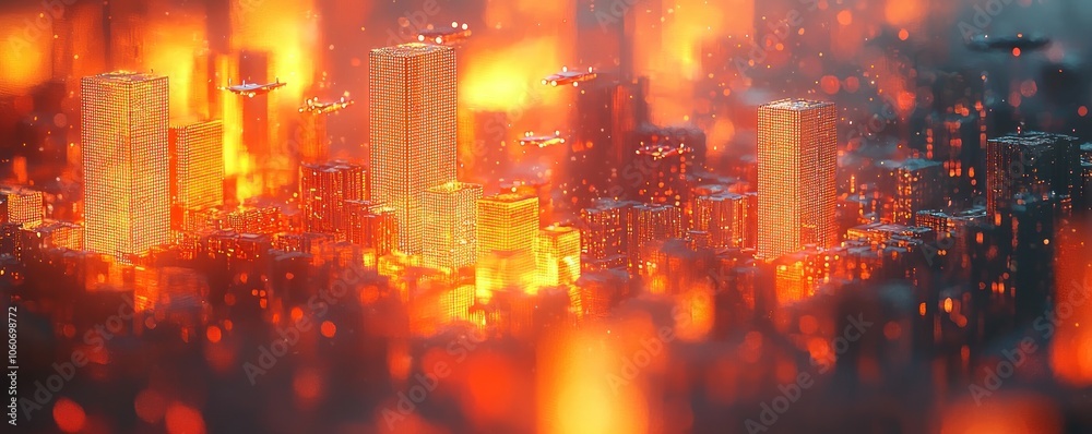 Illuminated Cityscape with Flying Vehicles at Dusk