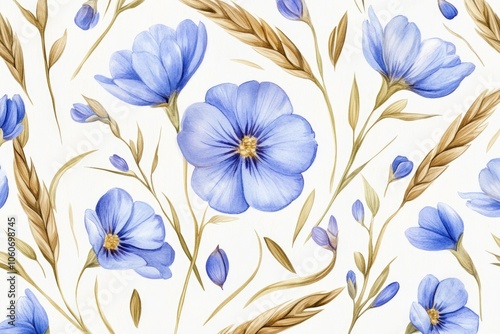 Flaxseed Blossoms: Hand-drawn Watercolor Illustration of Organic Flax Seed with Blue Botanical Background