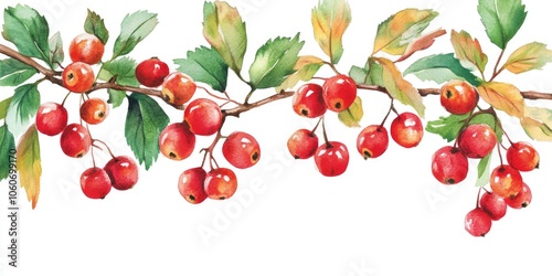 Fresh Hawthorn Berries on Leafy Twig. Colorful Watercolor Illustration for Organic Medicine