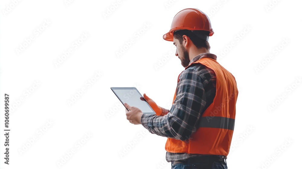 Action shot of an engineer man inspecting a building with a tablet, isolated on a white background Action shot of an engineer man inspecting a building with a tablet, isolated on a white background