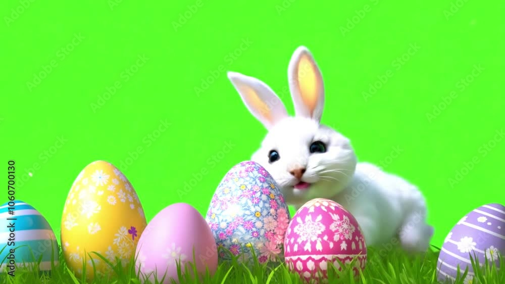 Easter eggs in green grass with Easter bunny animation on green screen. Happy Easter Animated Greeting Card Frame Template. Bunnies, decorated and painted eggs. Chroma key Happy Easter holidays Easter eggs in green grass with Easter bunny animation on green screen. Happy Easter Animated Greeting Card Frame Template. Bunnies, decorated and painted eggs. Chroma key Happy Easter holidays