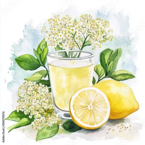 Hand-drawn Elderflower Syrup Drink with Lemon in Watercolor Style