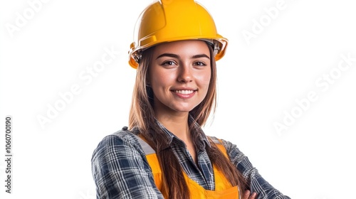 Beautiful engineer woman in action, smiling at the camera, isolated on a white background