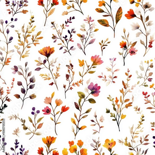 Hand-drawn Vintage Floral Pattern with Watercolor Illustration of Wild Flowers and Botanical Elements