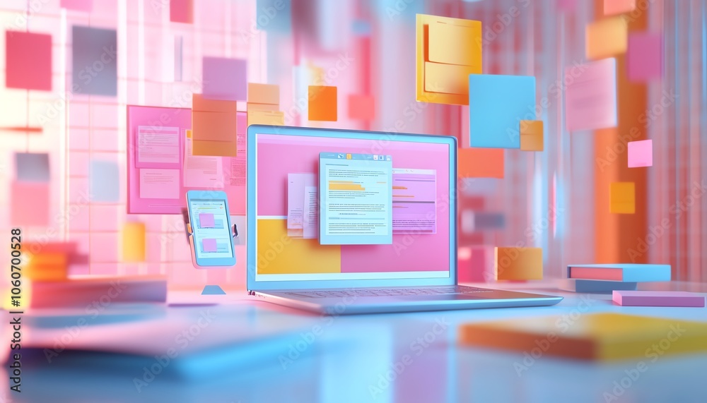 Captivating 3D rendering of a digital document management system showcasing mobile and laptop interaction, complemented by a creative and inspiring background