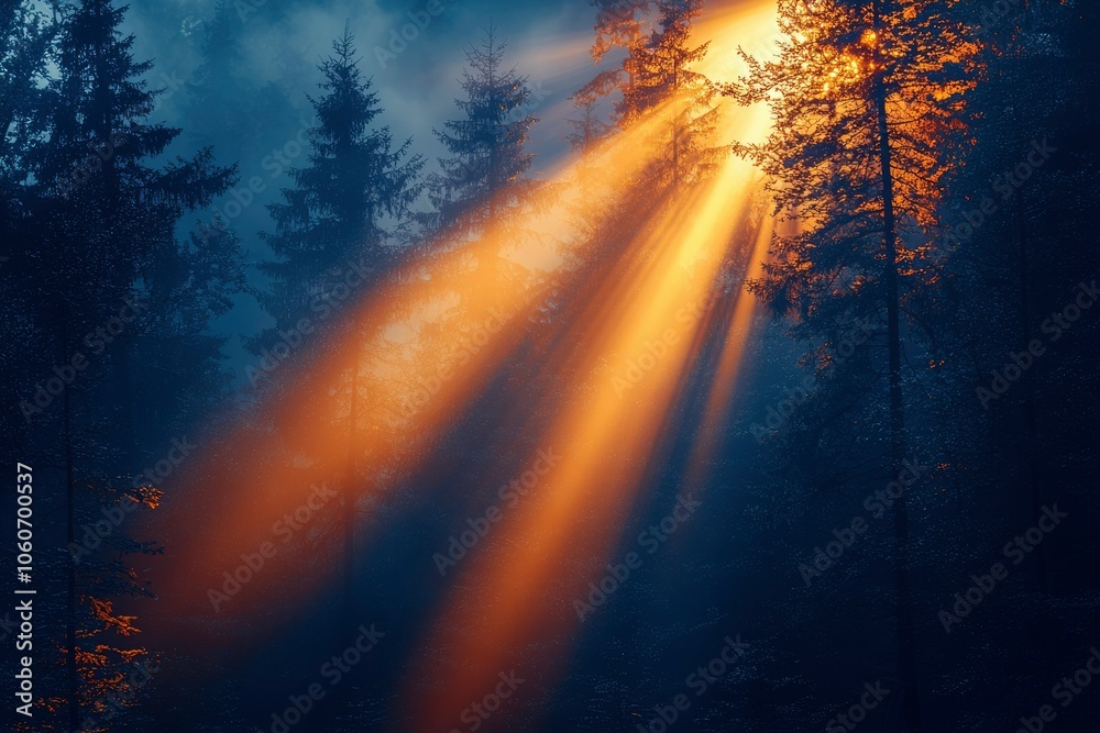 Golden Rays of Sunlight Breaking Through a Foggy Forest Golden Rays of Sunlight Breaking Through a Foggy Forest