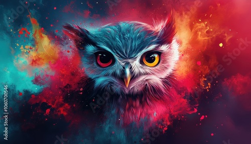 Colorful owl created with paint splash technique against vibrant background photo