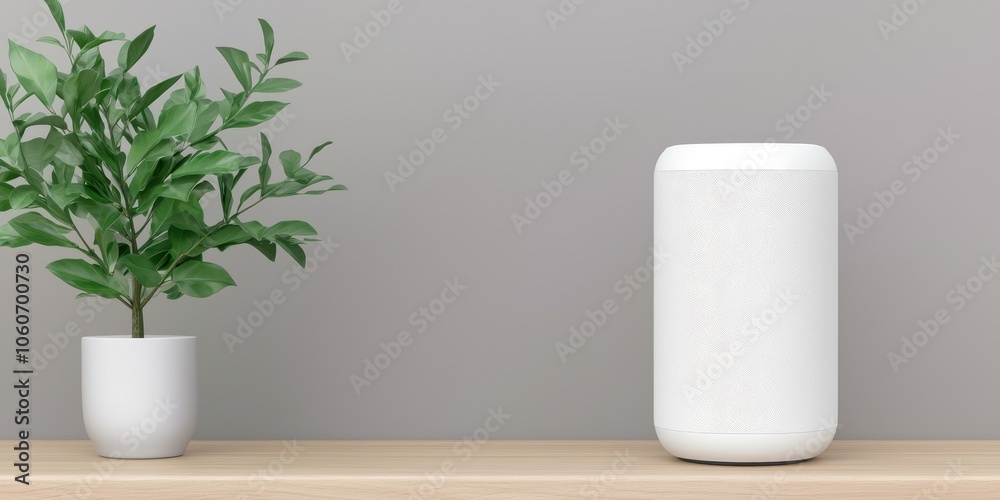 Minimalist room with a white vase and a potted plant on a wooden table. Minimalist room with a white vase and a potted plant on a wooden table.
