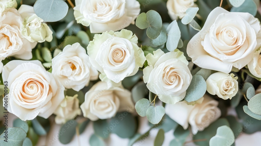A close-up of delicate white roses and eucalyptus leaves, creating a soft and elegant floral arrangement. A close-up of delicate white roses and eucalyptus leaves, creating a soft and elegant floral arrangement.