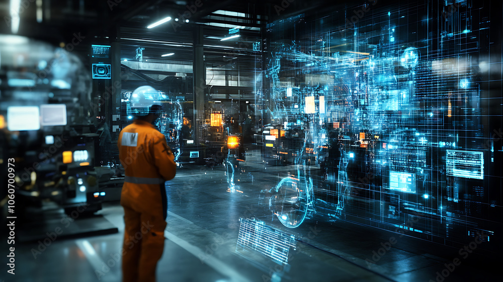 Industrial worker in orange suit interacts with AR technology in factory Industrial worker in orange suit interacts with AR technology in factory
