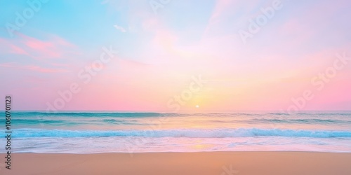 Serene ocean view at sunset with pastel sky colors and gentle waves.