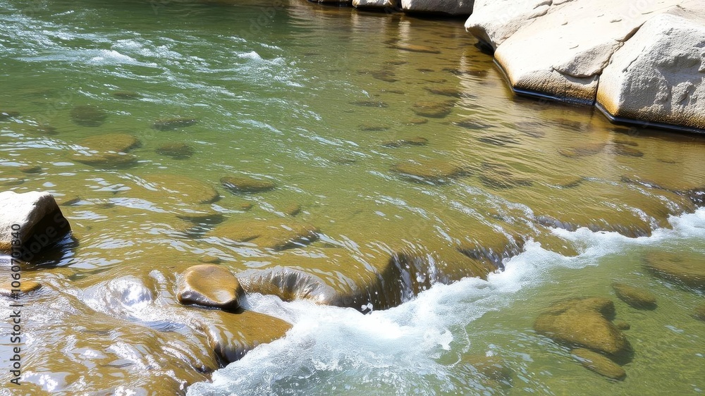 Crystal clear water flowing gently over smooth river rocks in a serene natural setting, natural, environment