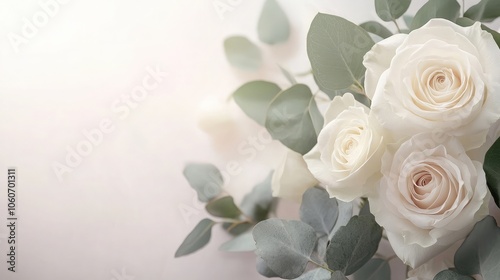 Fototapeta Naklejka Na Ścianę i Meble -  Delicate white roses with green foliage on a soft background, perfect for a wedding or special occasion.