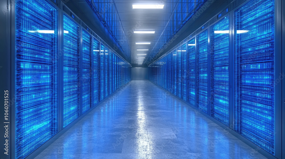 Rows of high-tech servers are illuminated by blue lights in a sleek data center corridor during nighttime, showcasing advanced technology