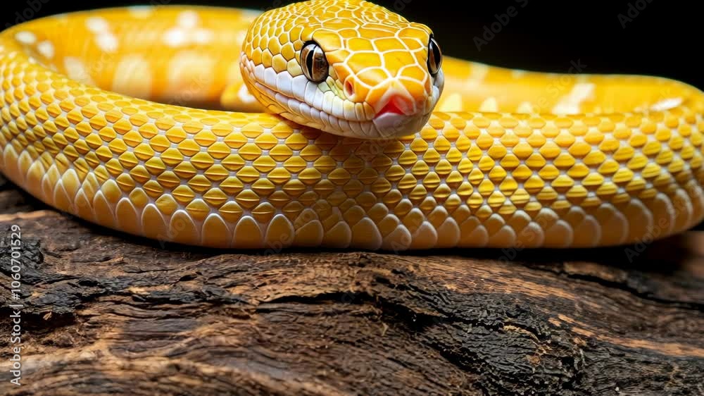 A yellow snake with white markings rests on a piece of wood, its head raised and eyes focused on the camera