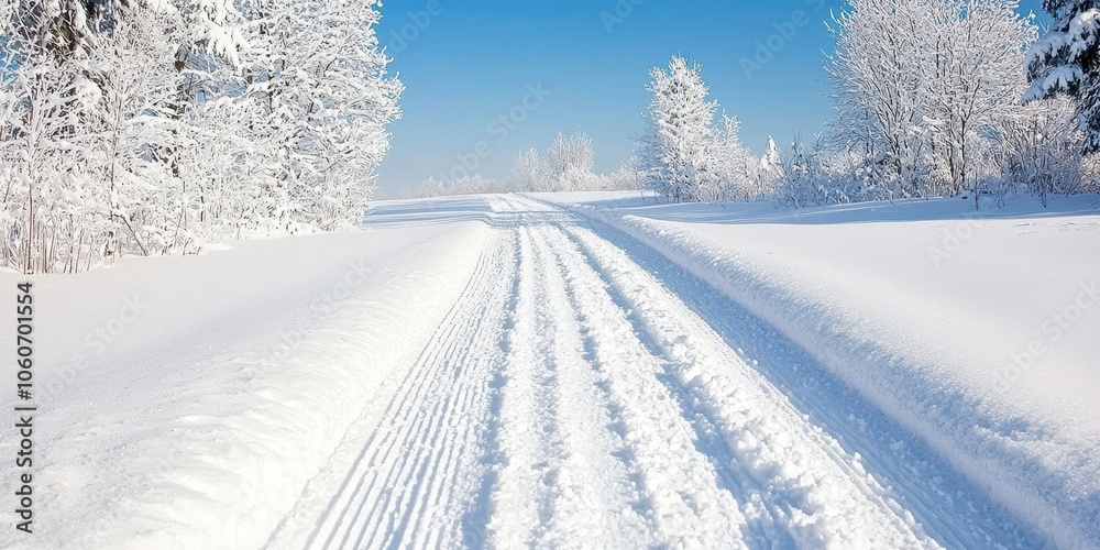 Obraz premium Snowy landscape with tire tracks, clear blue sky, and frosted trees.