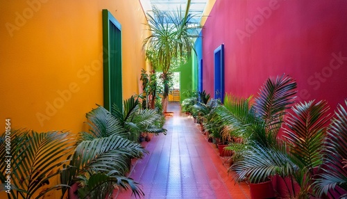 Colorful Hallway With Tropical Plants