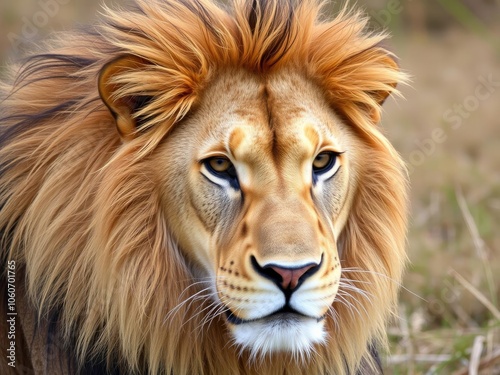 Close-up photo of a majestic lion in the wild showcasing its powerful gaze and golden mane, outdoors, eyes