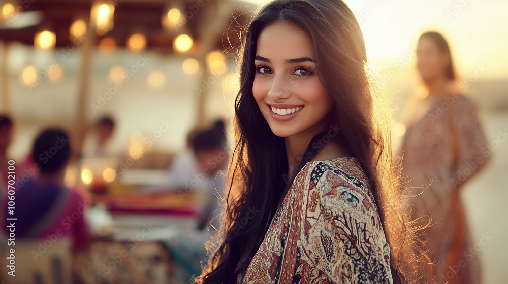 Middle Eastern Woman in Elegant Dress at Lantern-Lit Dinner Middle Eastern Woman in Elegant Dress at Lantern-Lit Dinner