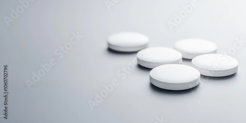 White circular tablets on a smooth surface, ideal for medical themes.