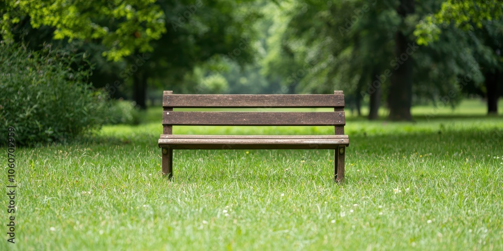 Wooden bench on green grass in a serene park setting with trees. Wooden bench on green grass in a serene park setting with trees.