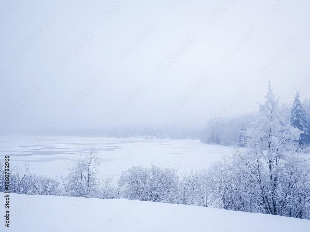 Beautiful winter landscape with snow covered trees and a frozen lake, cold, lake Beautiful winter landscape with snow covered trees and a frozen lake, cold, lake