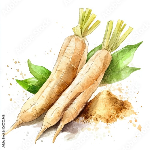 Premium Ginseng Root and Powder. Watercolor Illustration of Organic Herbal Ingredient