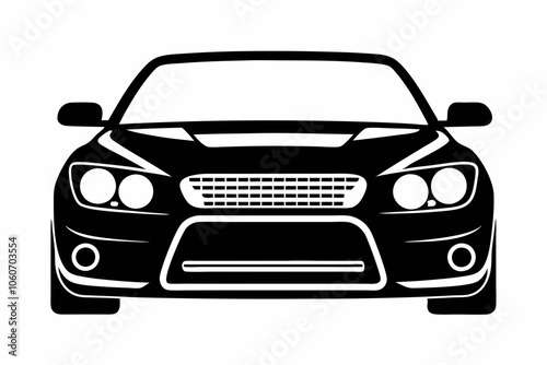 Car model front view black and white 2D line cartoon object. Comfortable auto with dark windshield isolated vector outline item. Driving automobile along road monochromatic flat spot illustration.