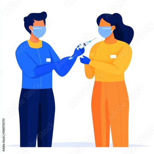 A male and female medical worker wearing masks and gloves, preparing a syringe for an injection.